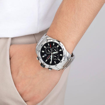 Ρολόι Festina Sport F20463/4 χρονογράφος με ασημί ατσάλινο μπρασελέ, μαύρο καντραν, μηχανισμό μπαταρίας, στρογγυλό στεφάνι με διάμετρο 45mm και ένδειξη ημερομηνίας αδιάβροχο στις 10ΑΤΜ-100Μ.